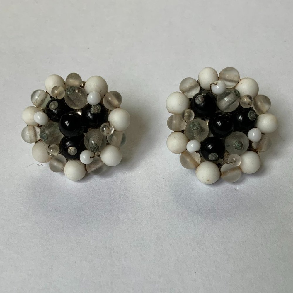 Black, White, Grey & Clear Bead Clip On Earrings